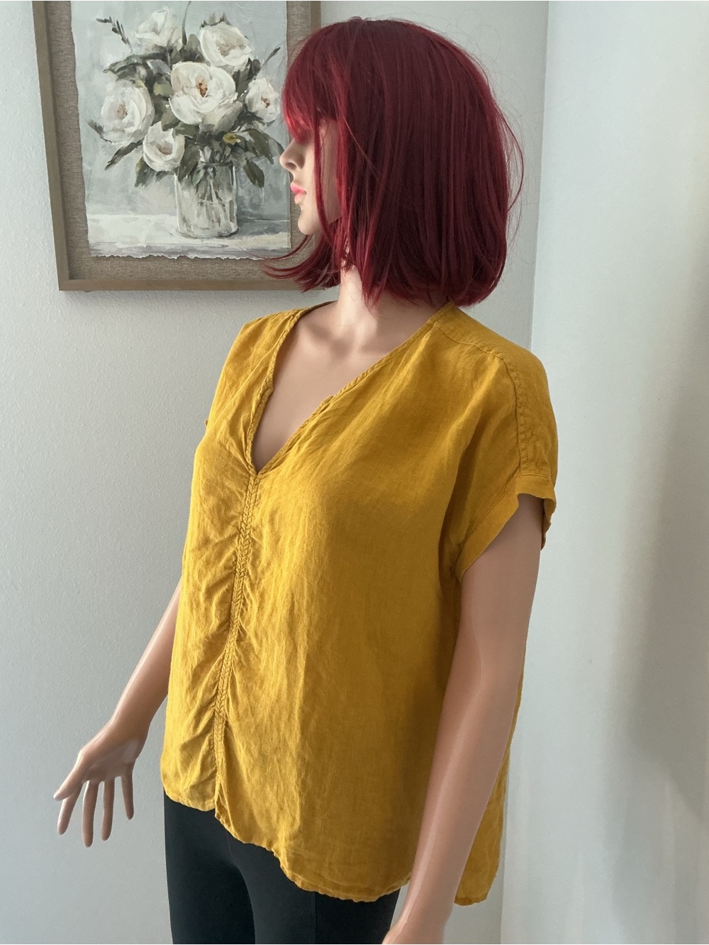 Tahari Mustard V-Neck Short Sleeve Blouse - Picture 3 of 8